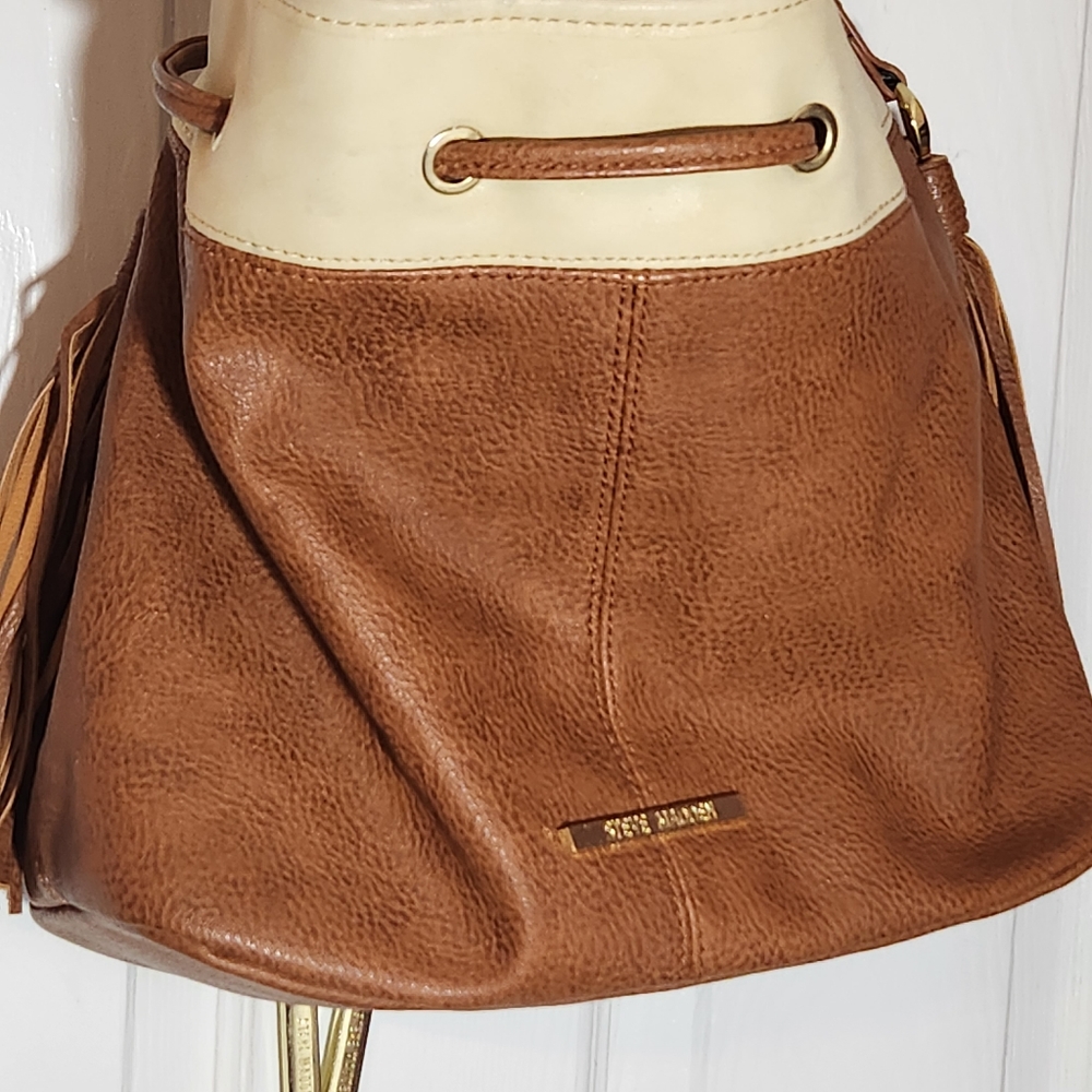 Steve Madden Brown Cream Snap/ Draw String Closure Shoulder Bag Purse Pocketbook